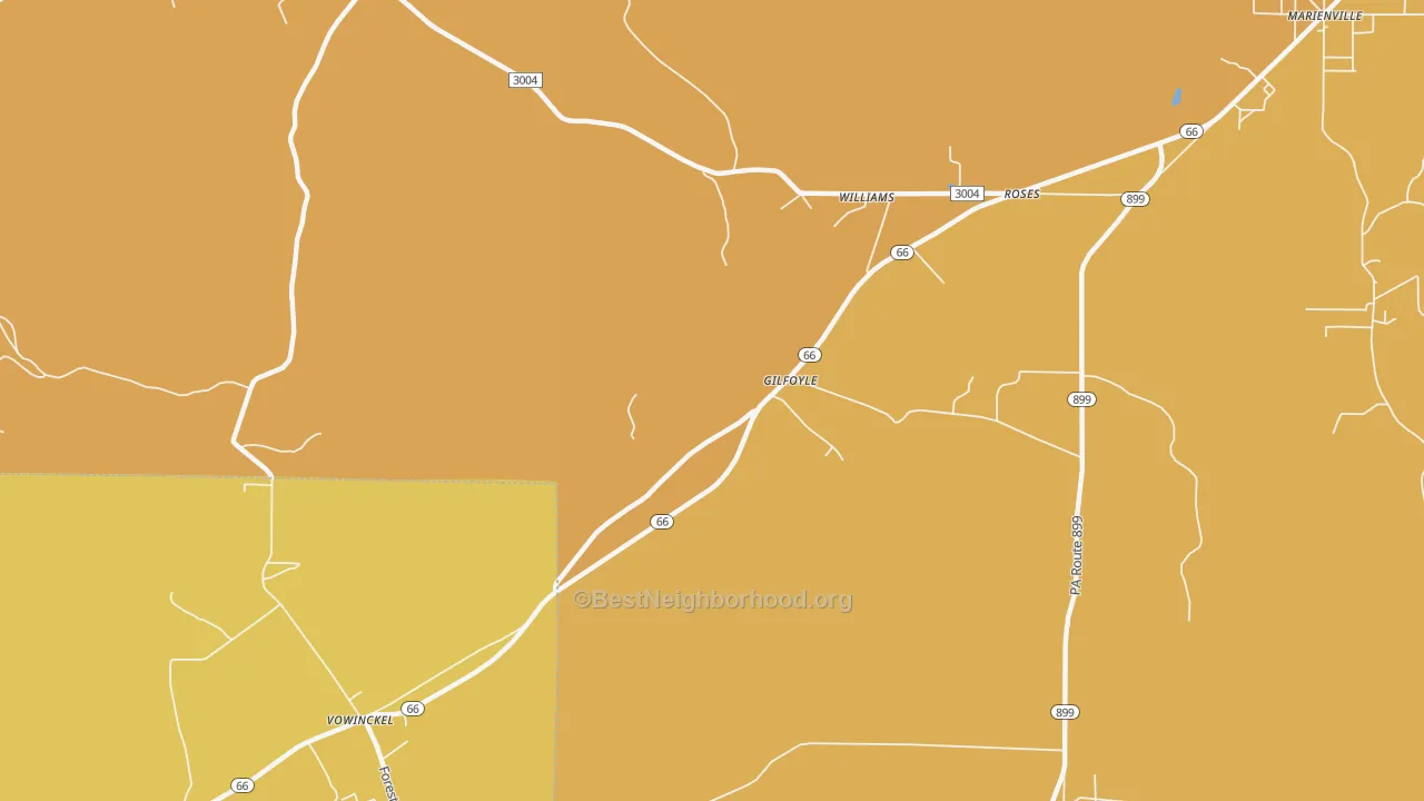 Map of the best neighborhoods in the Gilfoyl area, with better matches in green and worse matches in red