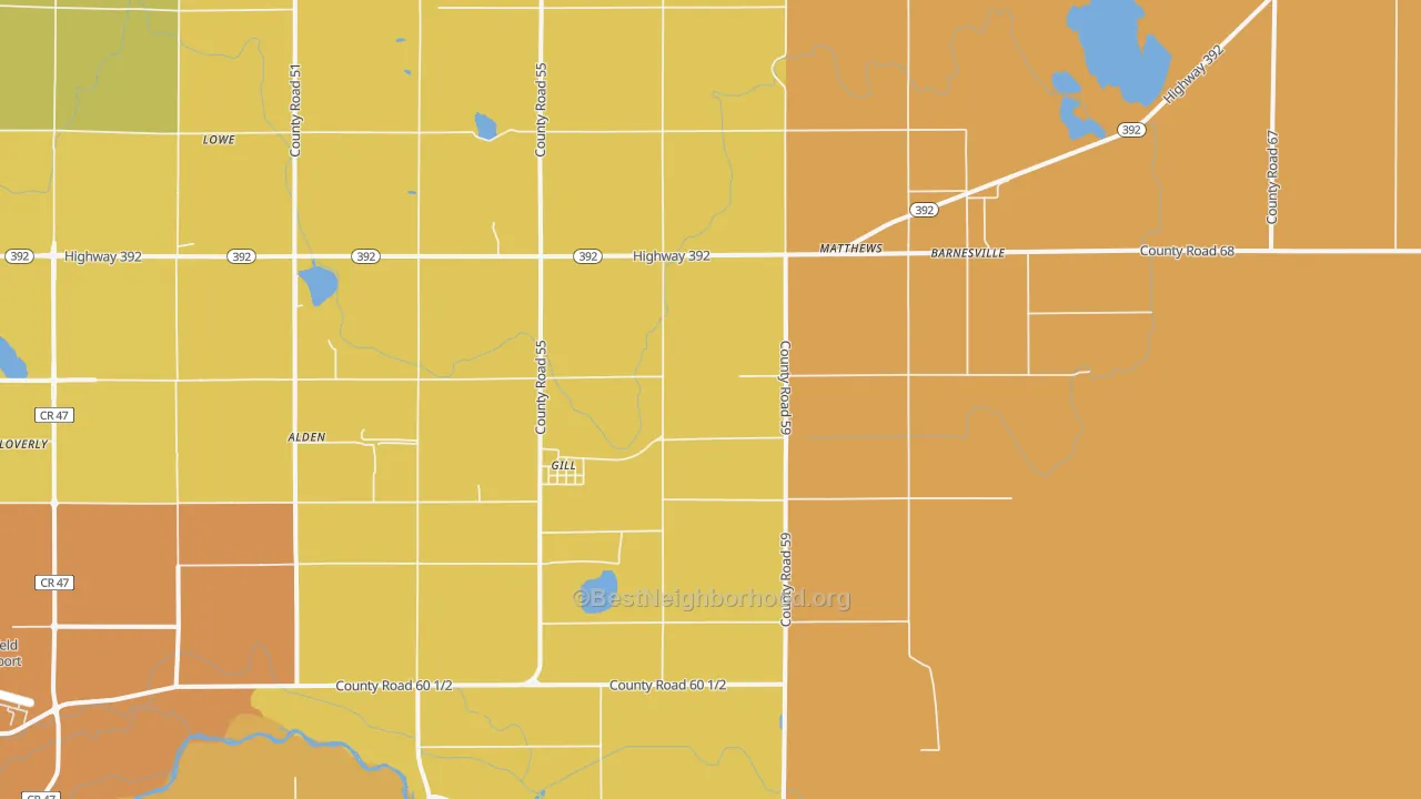 Map of the best neighborhoods in the Gill area, with better matches in green and worse matches in red