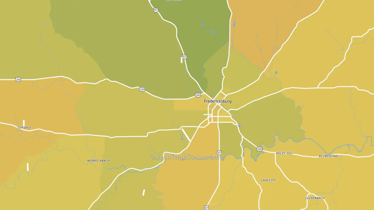 Map of the best neighborhoods in the Gillespie County area, with better matches in green and worse matches in red