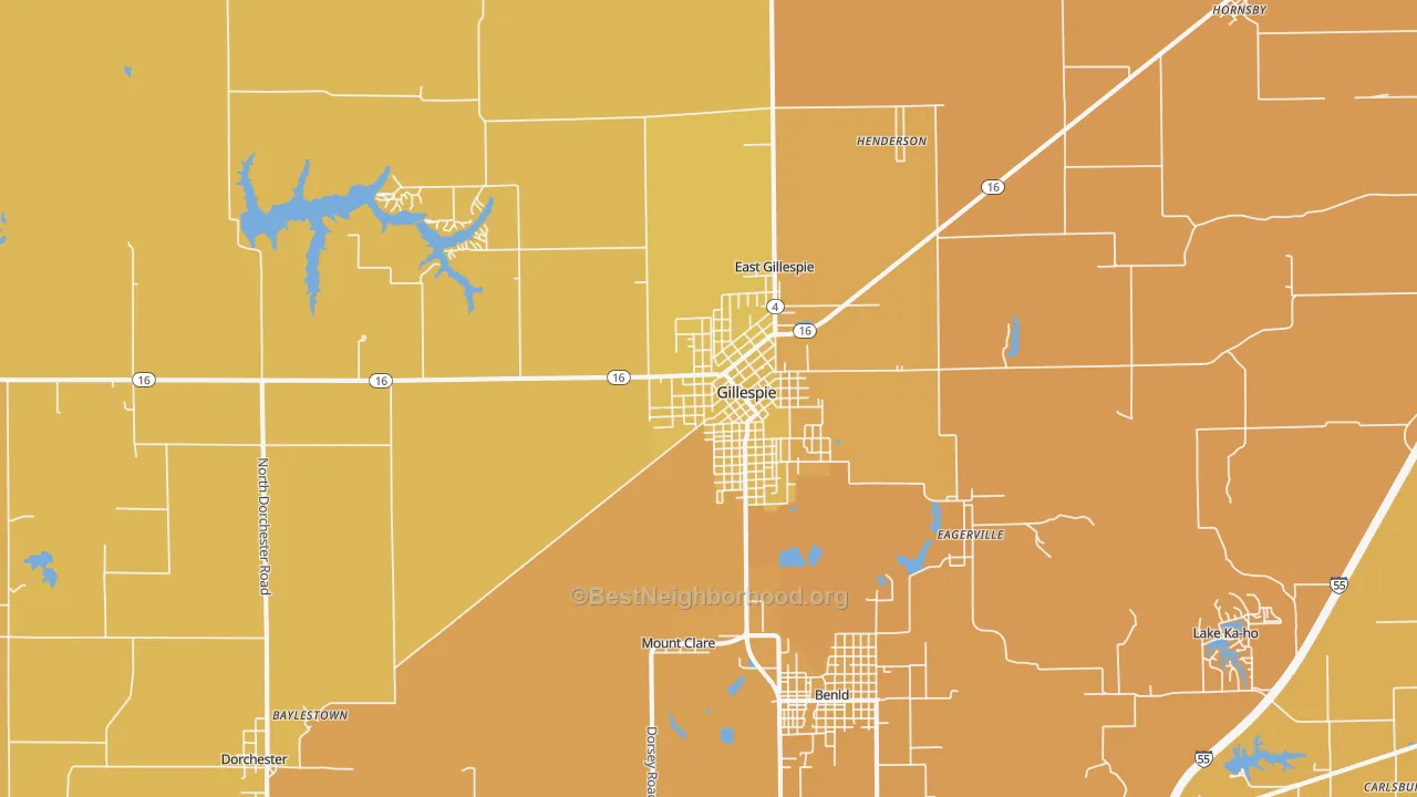 Map of the best neighborhoods in the Gillespie area, with better matches in green and worse matches in red