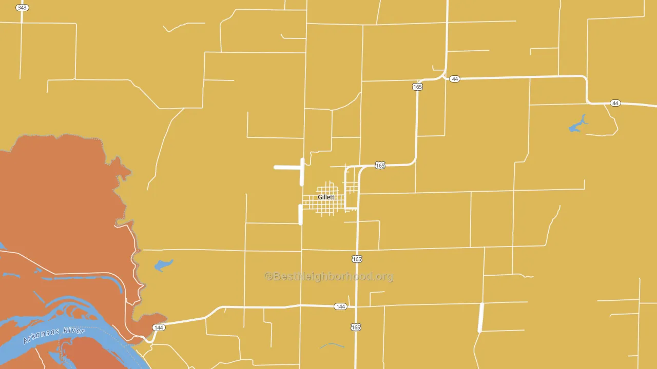 Map of the best neighborhoods in the Gillett area, with better matches in green and worse matches in red