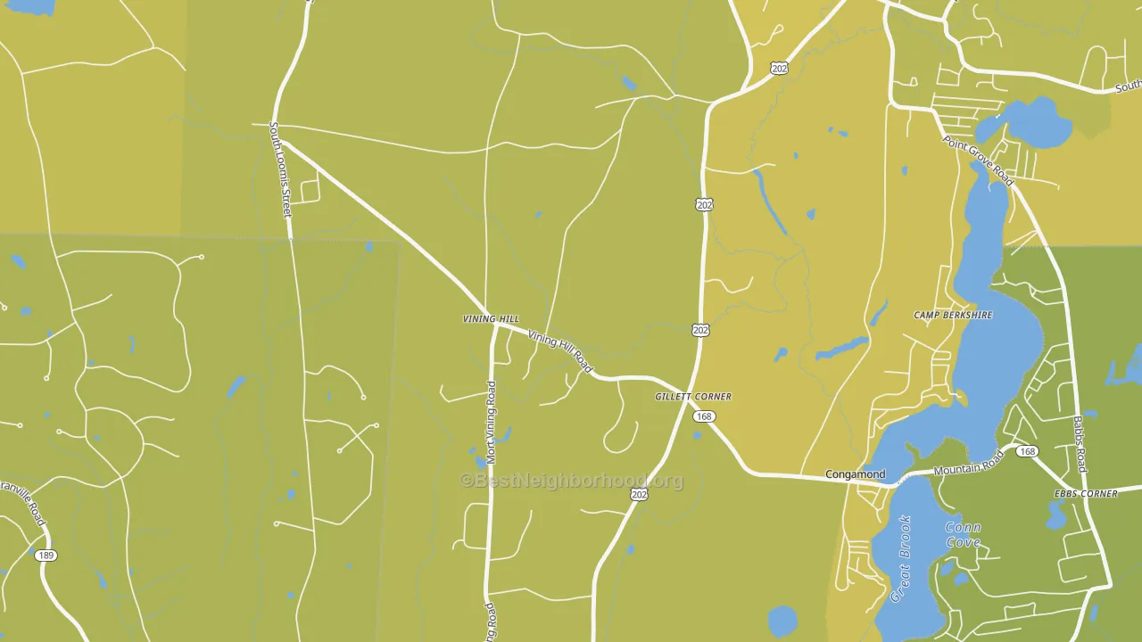Map of the best neighborhoods in the Gillett Corner area, with better matches in green and worse matches in red