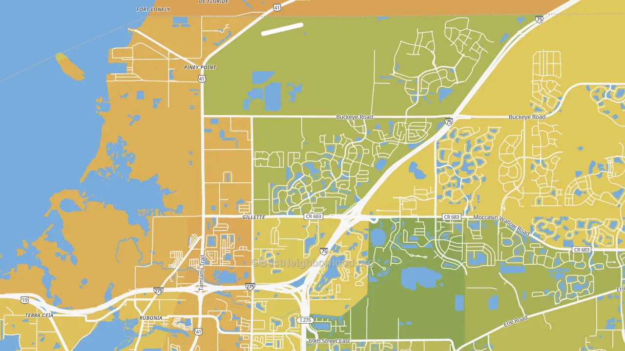 Map of the best neighborhoods in the Gillett area, with better matches in green and worse matches in red