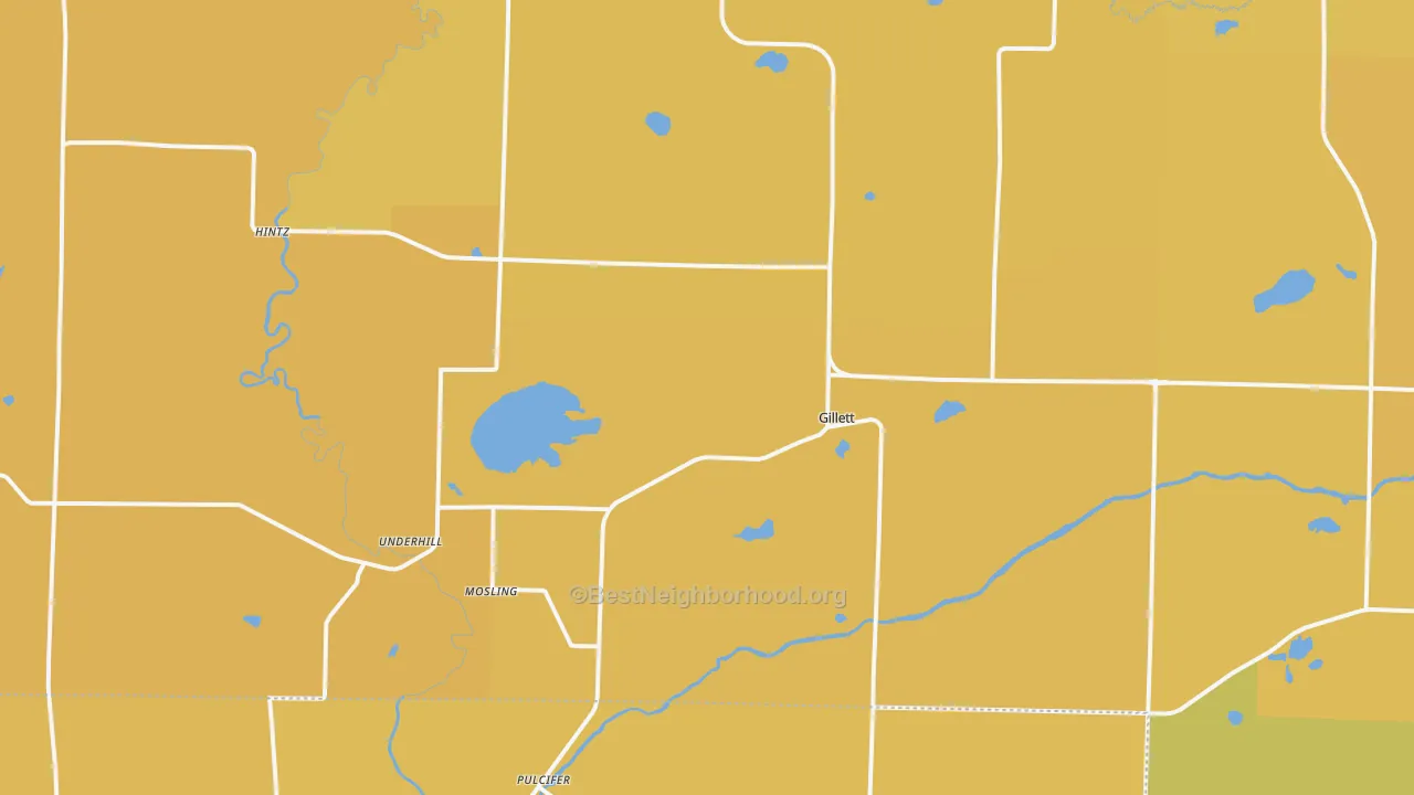 Map of the best neighborhoods in the Gillett area, with better matches in green and worse matches in red