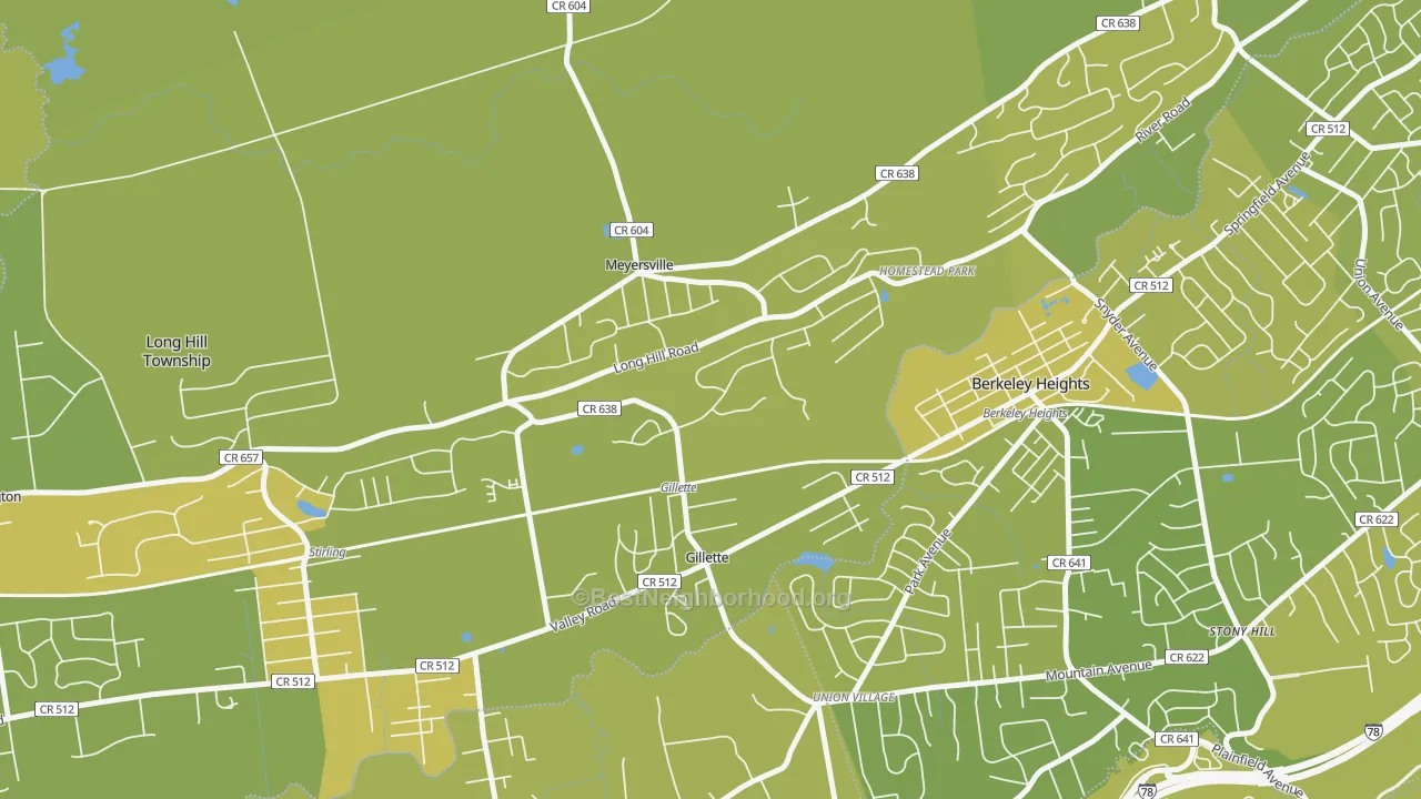 Map of the best neighborhoods in the Gillette area, with better matches in green and worse matches in red