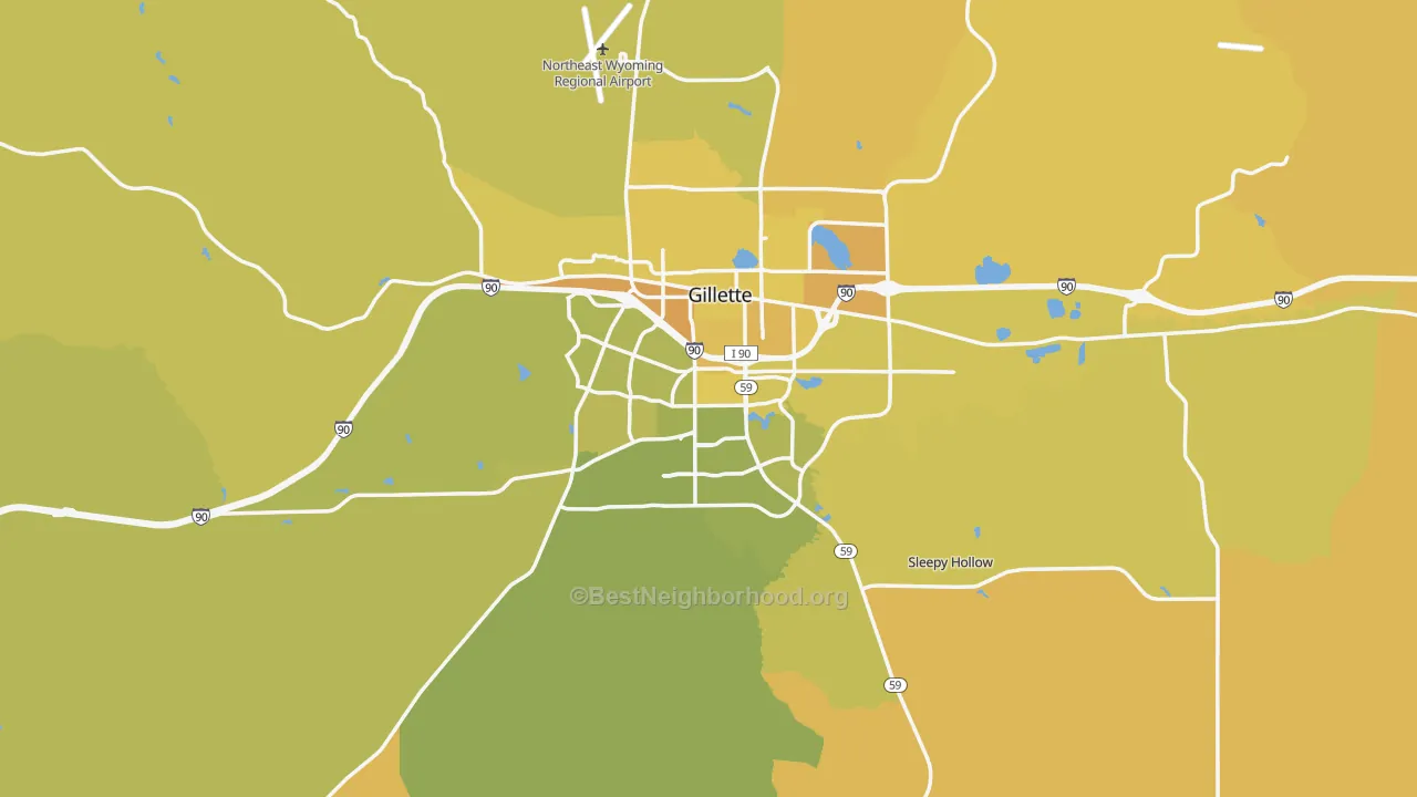 Map of the best neighborhoods in the Gillette area, with better matches in green and worse matches in red