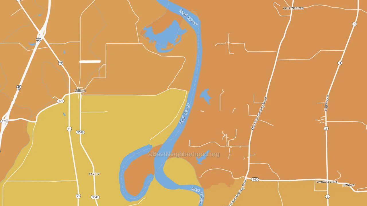 Map of the best neighborhoods in the Gilliam area, with better matches in green and worse matches in red