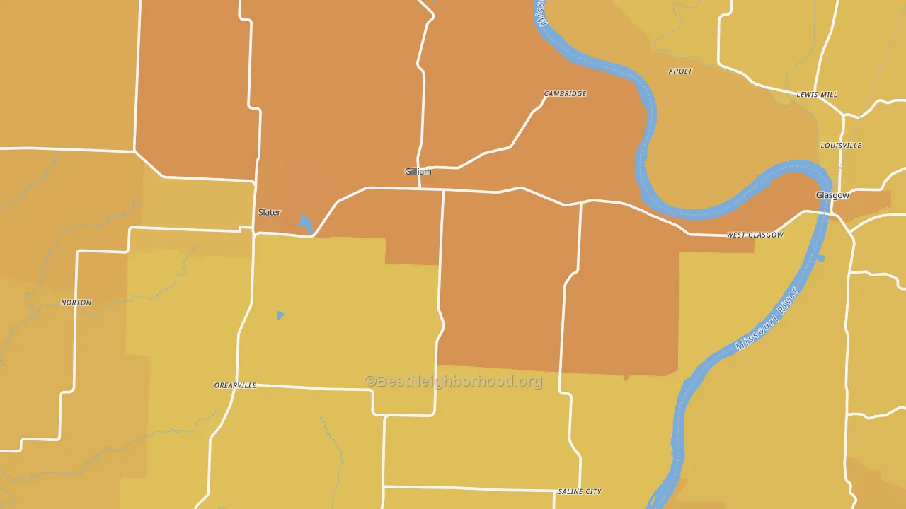 Map of the best neighborhoods in the Gilliam area, with better matches in green and worse matches in red