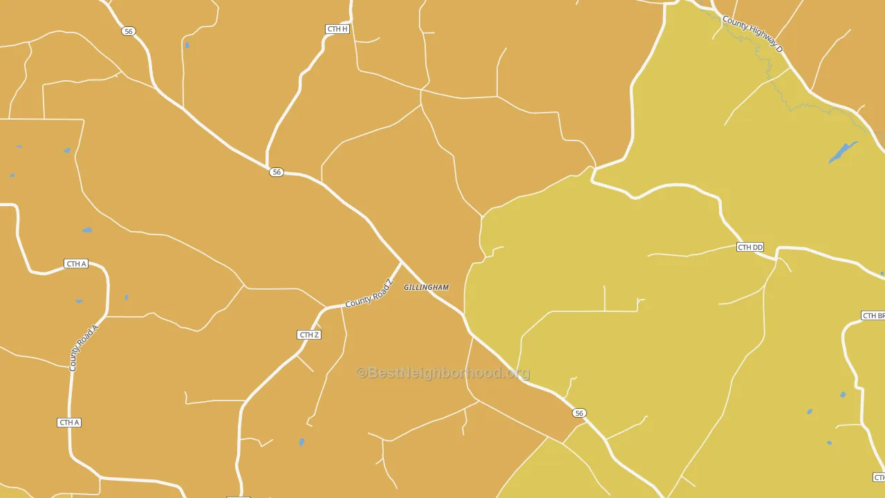 Map of the best neighborhoods in the Gillingham area, with better matches in green and worse matches in red