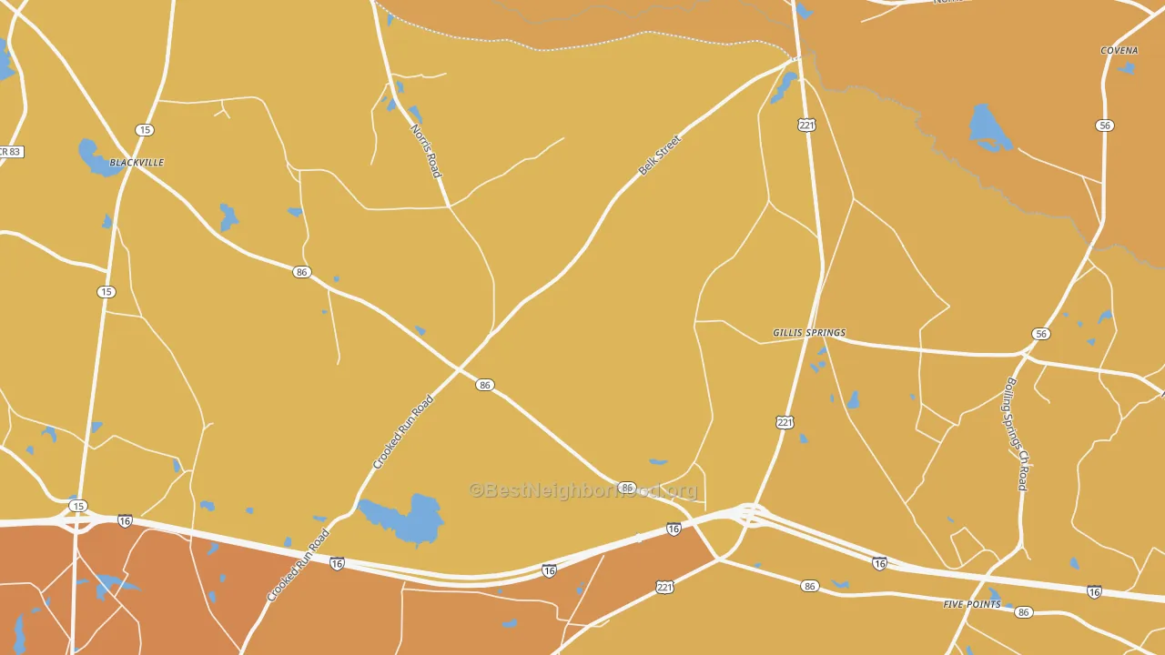 Map of the best neighborhoods in the Gillis Springs area, with better matches in green and worse matches in red