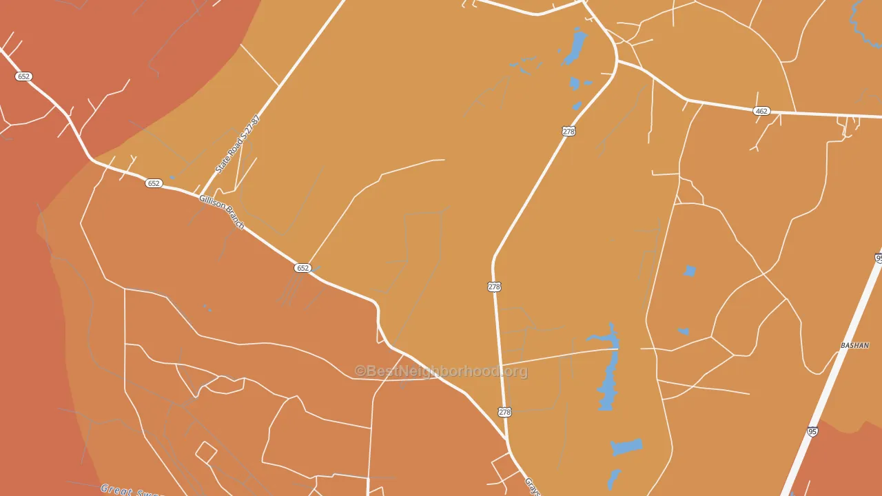 Map of the best neighborhoods in the Gillisonville area, with better matches in green and worse matches in red
