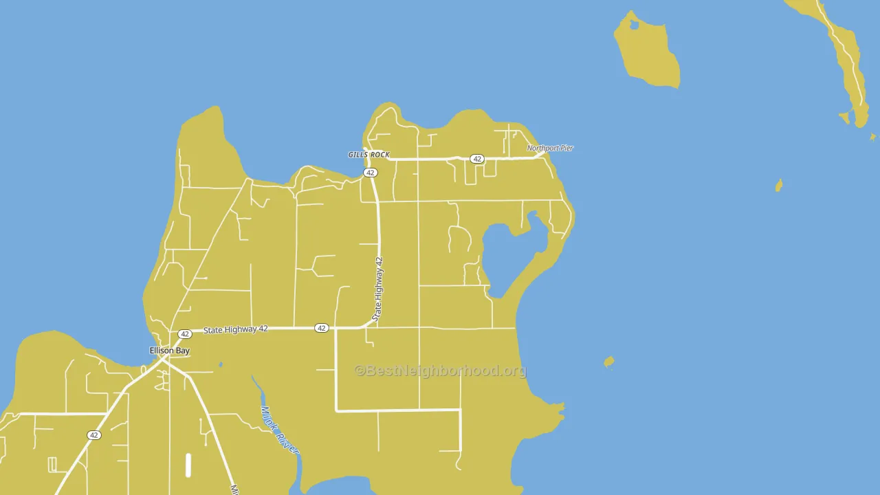 Map of the best neighborhoods in the Gills Rock area, with better matches in green and worse matches in red