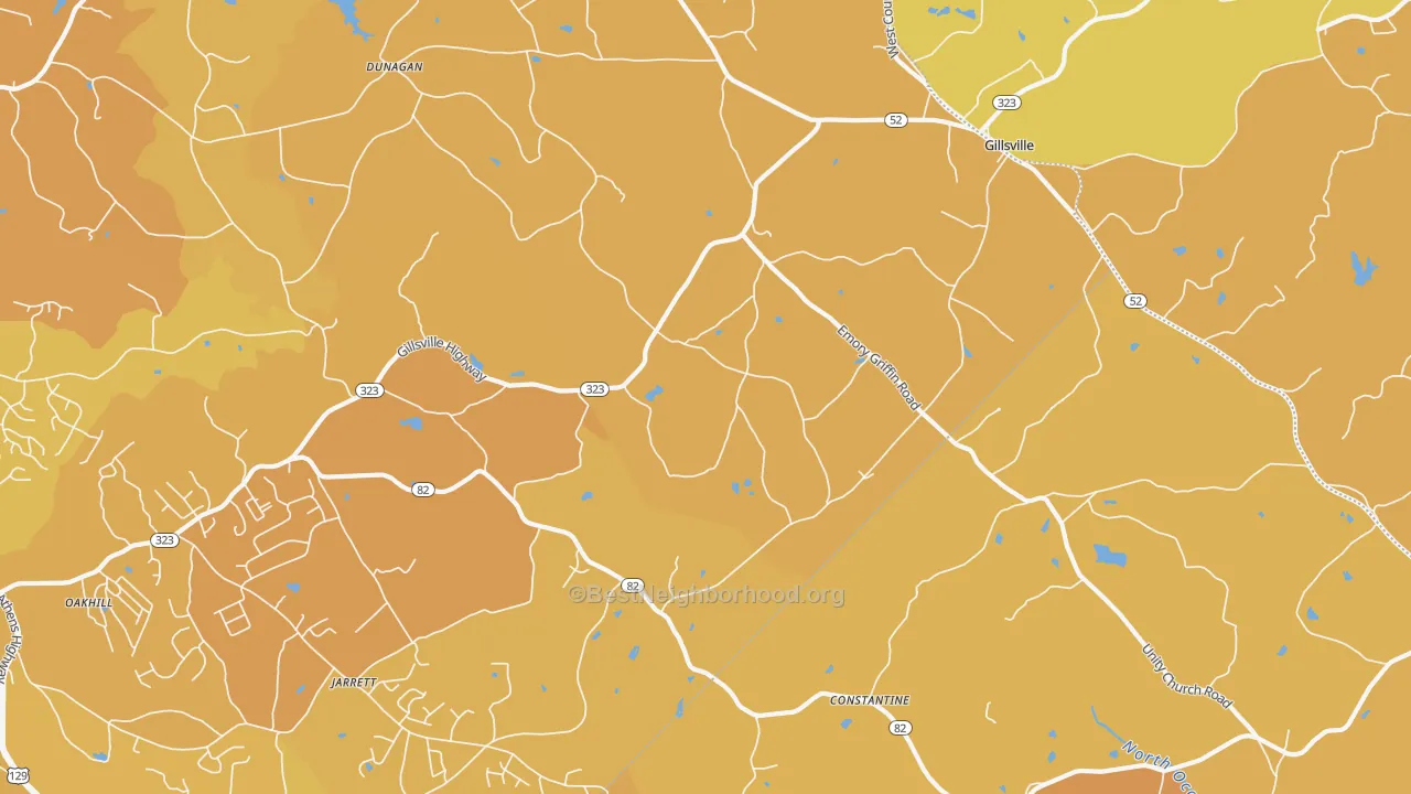 Map of the best neighborhoods in the Gillsville area, with better matches in green and worse matches in red