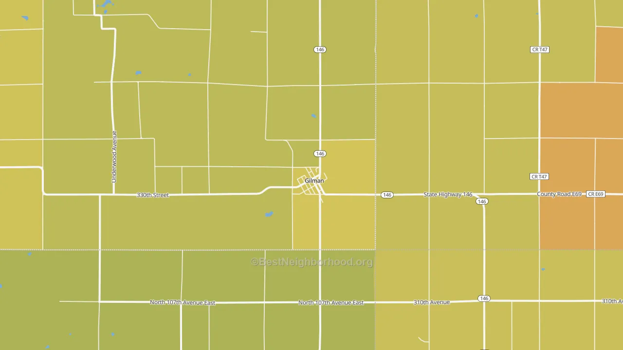 Map of the best neighborhoods in the Gilman area, with better matches in green and worse matches in red
