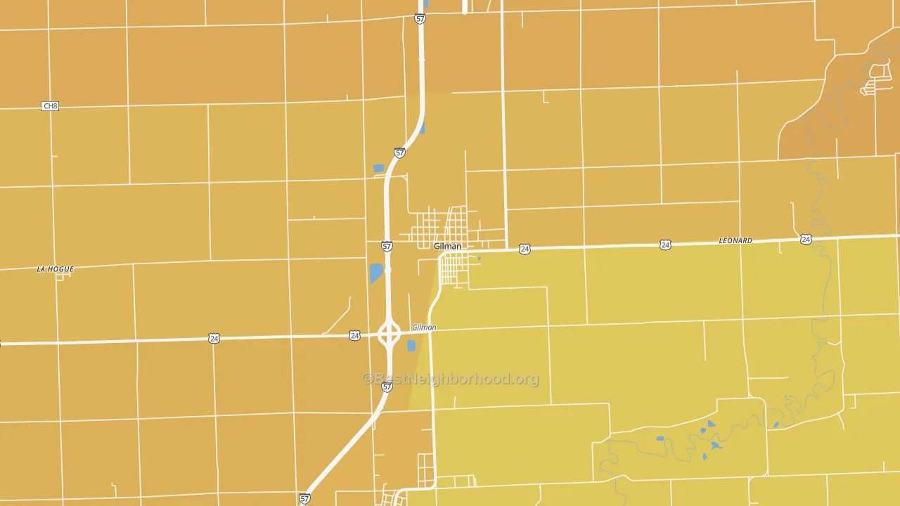 Map of the best neighborhoods in the Gilman area, with better matches in green and worse matches in red