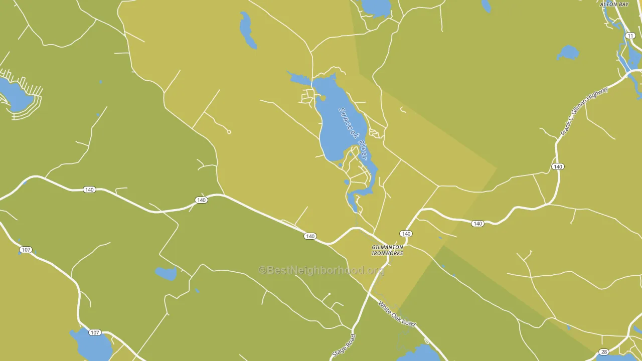 Map of the best neighborhoods in the Gilmanton Iron Works area, with better matches in green and worse matches in red