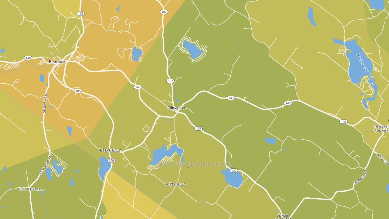 Map of the best neighborhoods in the Gilmanton area, with better matches in green and worse matches in red