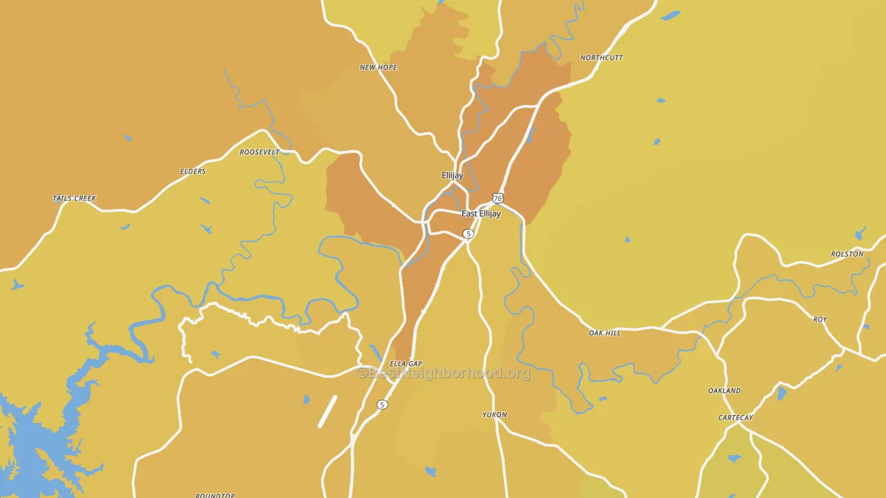 Map of the best neighborhoods in the Gilmer County area, with better matches in green and worse matches in red