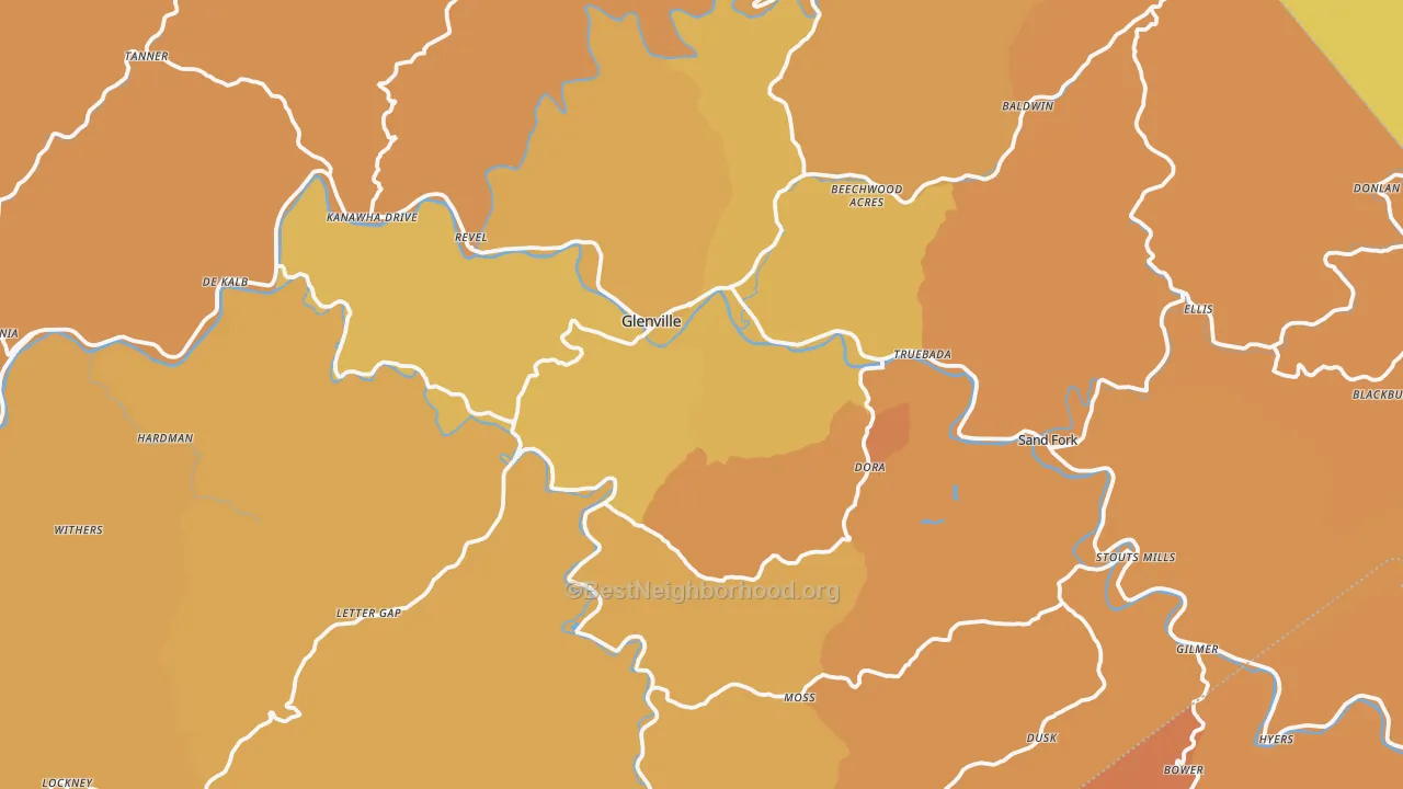 Map of the best neighborhoods in the Gilmer County area, with better matches in green and worse matches in red