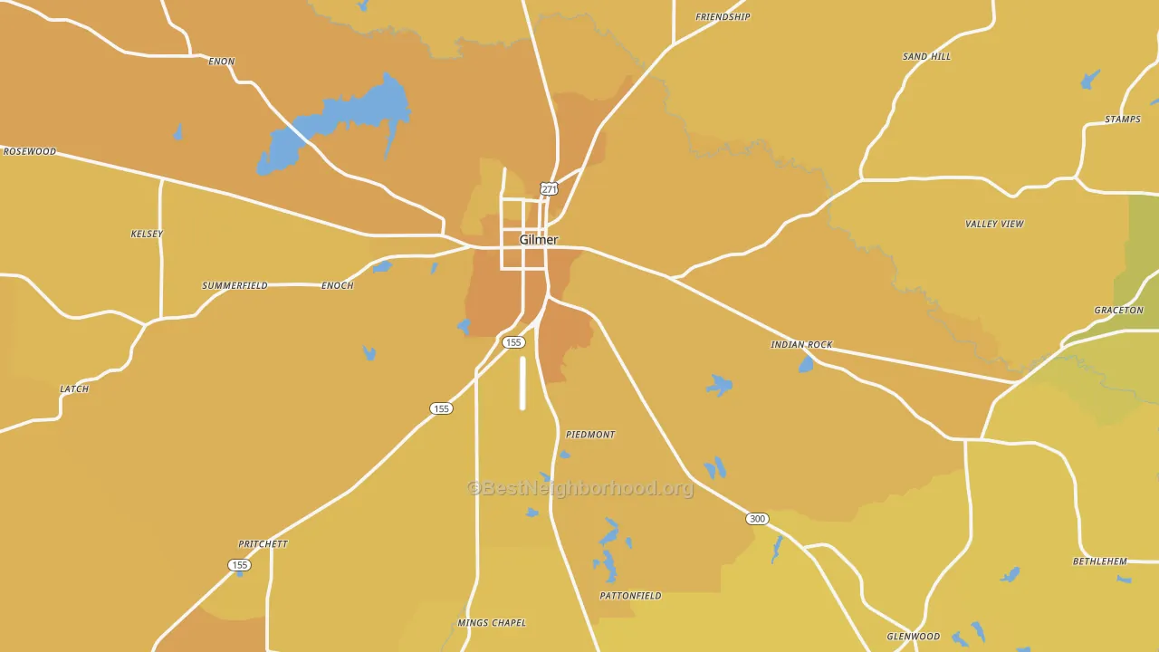 Map of the best neighborhoods in the Gilmer area, with better matches in green and worse matches in red
