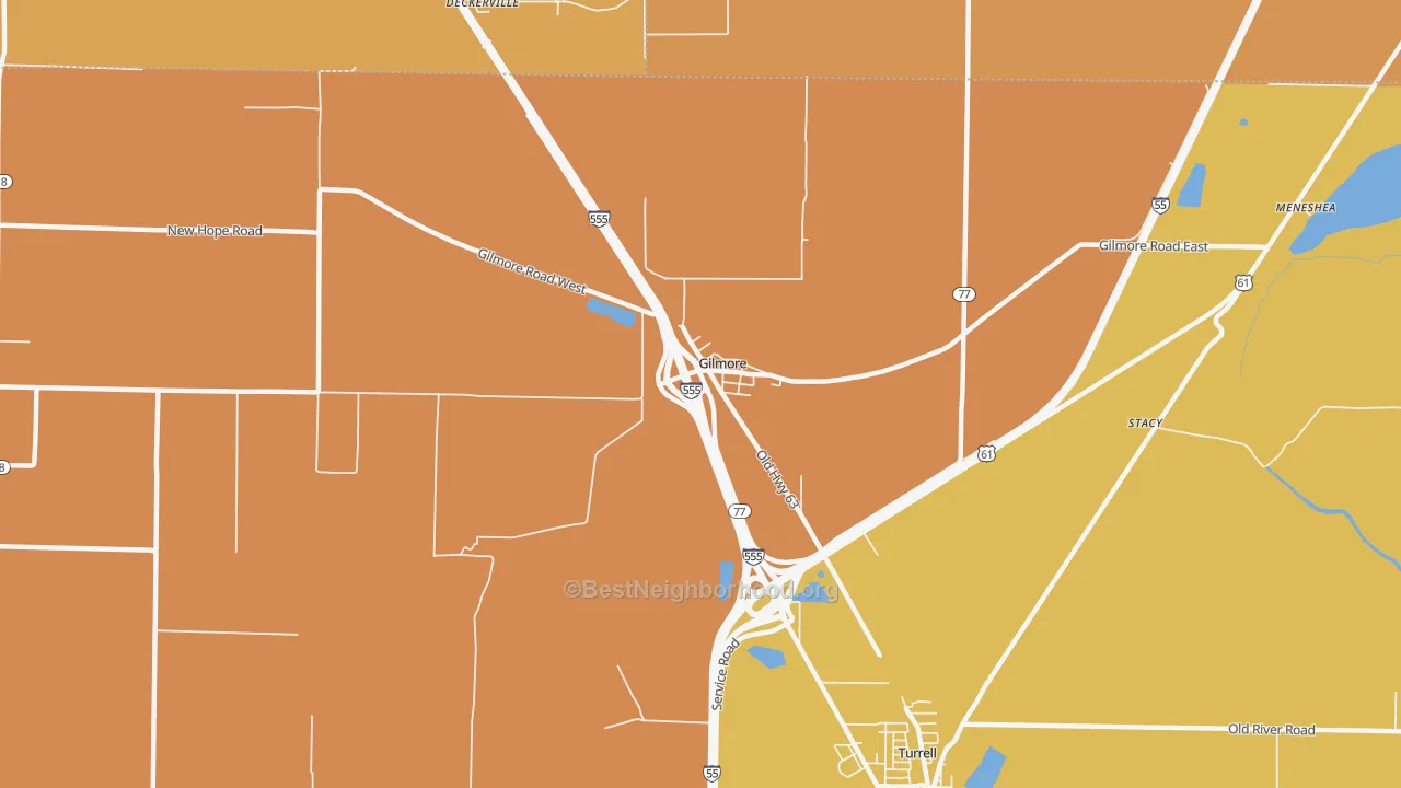 Map of the best neighborhoods in the Gilmore area, with better matches in green and worse matches in red
