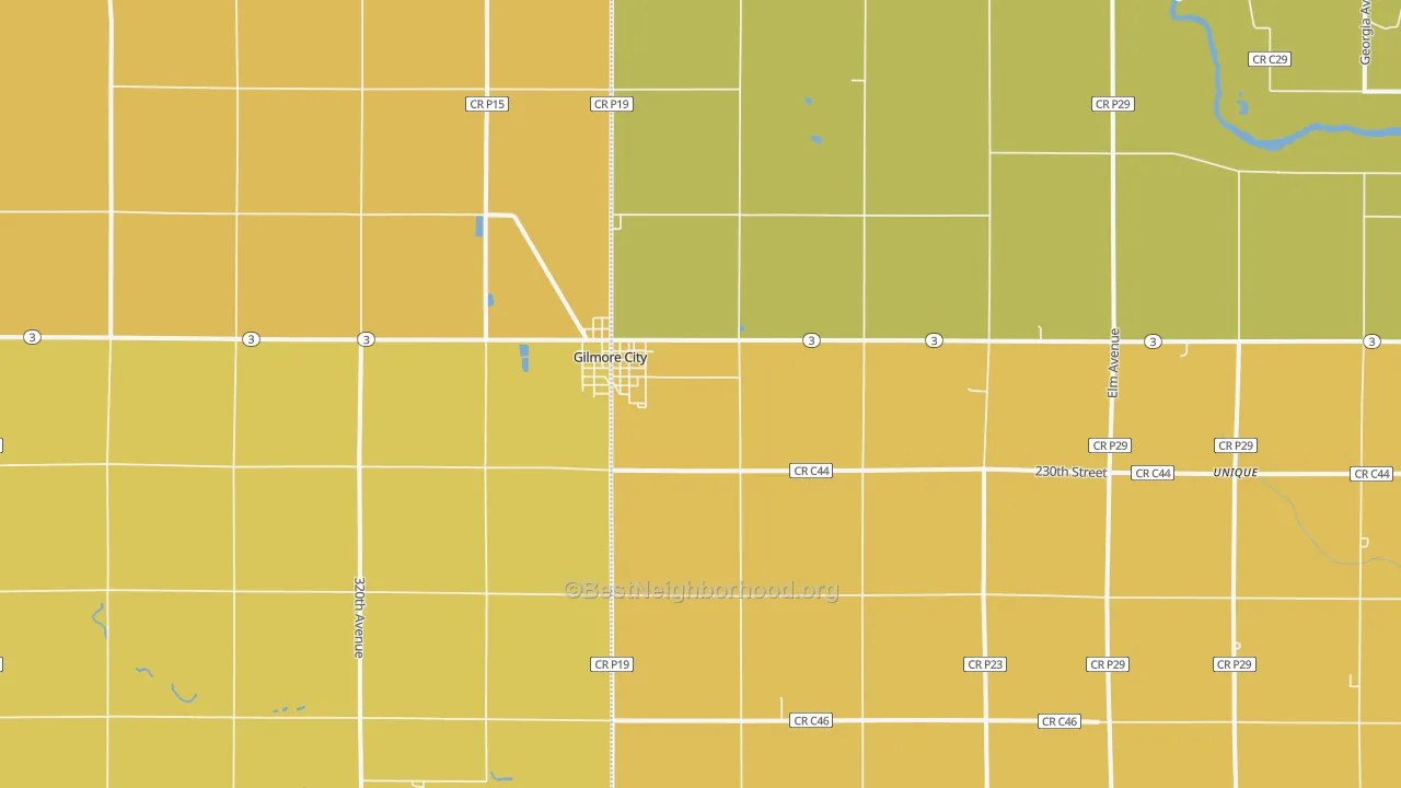 Map of the best neighborhoods in the Gilmore City area, with better matches in green and worse matches in red