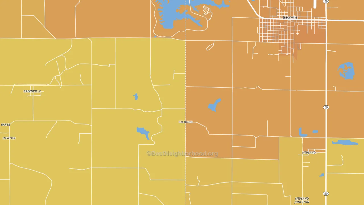 Map of the best neighborhoods in the Gilmour area, with better matches in green and worse matches in red
