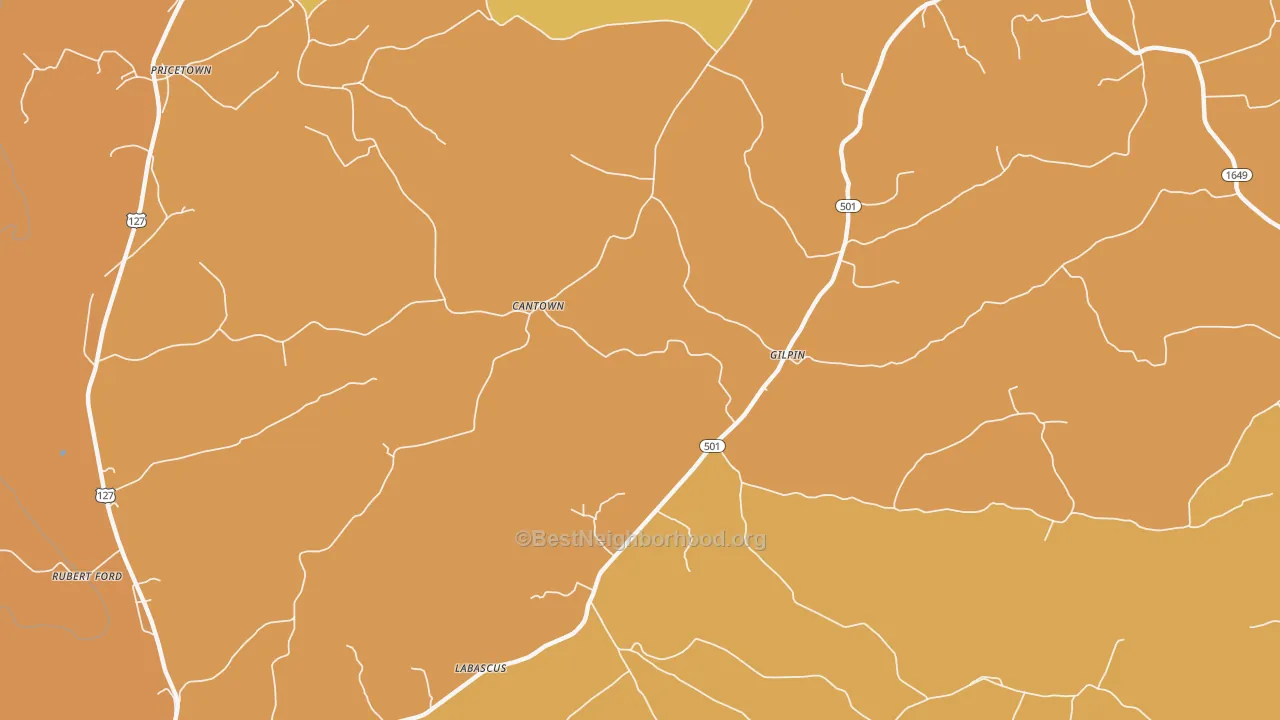 Map of the best neighborhoods in the Gilpin area, with better matches in green and worse matches in red