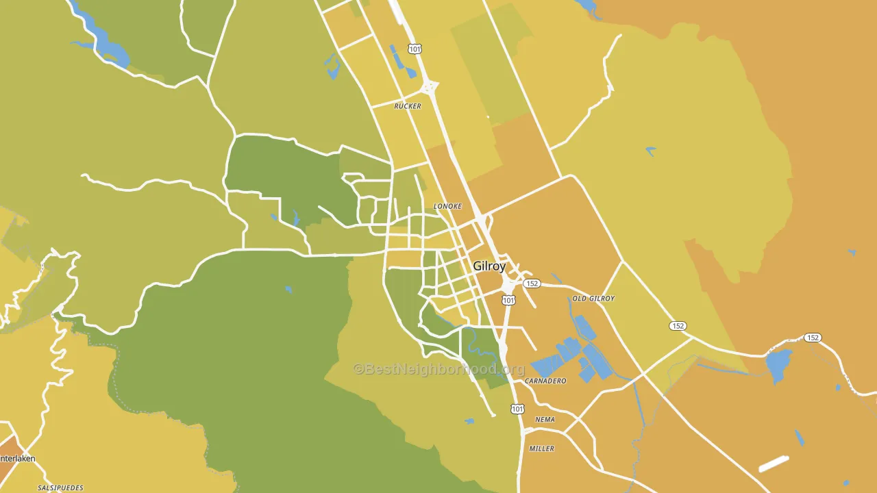 Map of the best neighborhoods in the Gilroy area, with better matches in green and worse matches in red