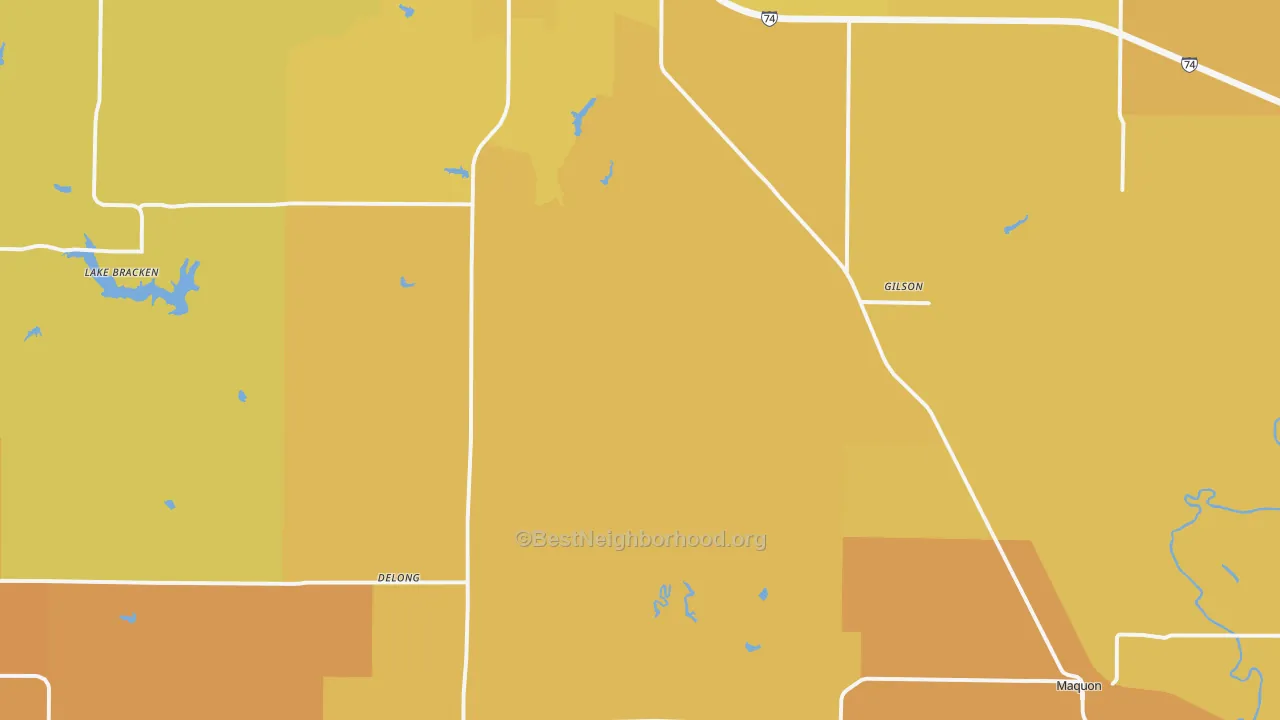 Map of the best neighborhoods in the Gilson area, with better matches in green and worse matches in red