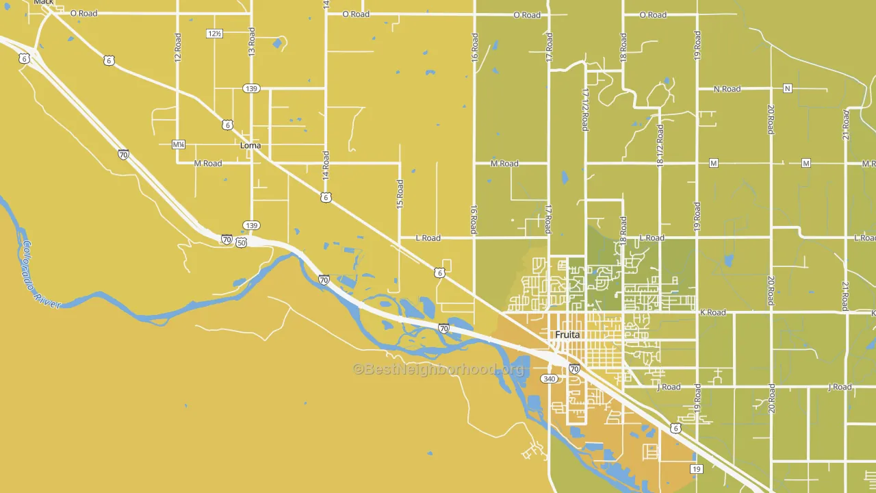 Map of the best neighborhoods in the Gilsonite area, with better matches in green and worse matches in red