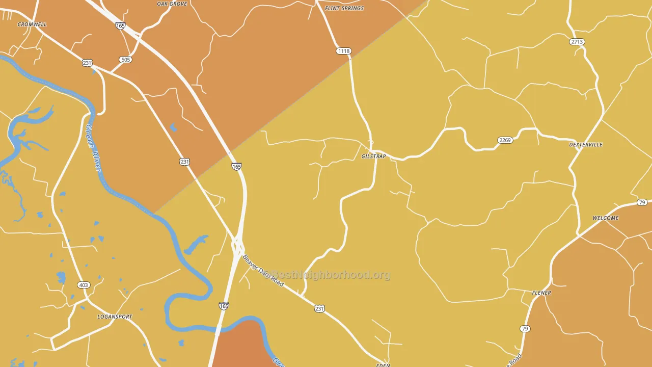 Map of the best neighborhoods in the Gilstrap area, with better matches in green and worse matches in red