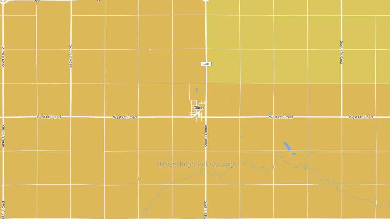 Map of the best neighborhoods in the Giltner area, with better matches in green and worse matches in red