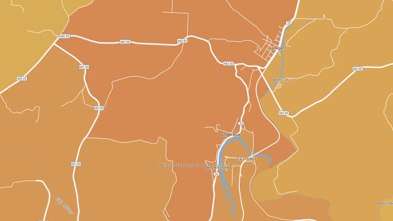 Map of the best neighborhoods in the Ginger Blue area, with better matches in green and worse matches in red