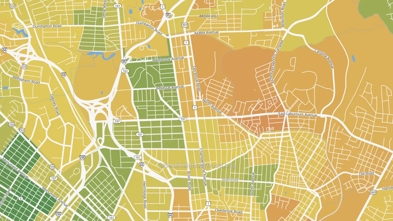 Map of the best neighborhoods in the Ginter Park, Richmond area, with better matches in green and worse matches in red