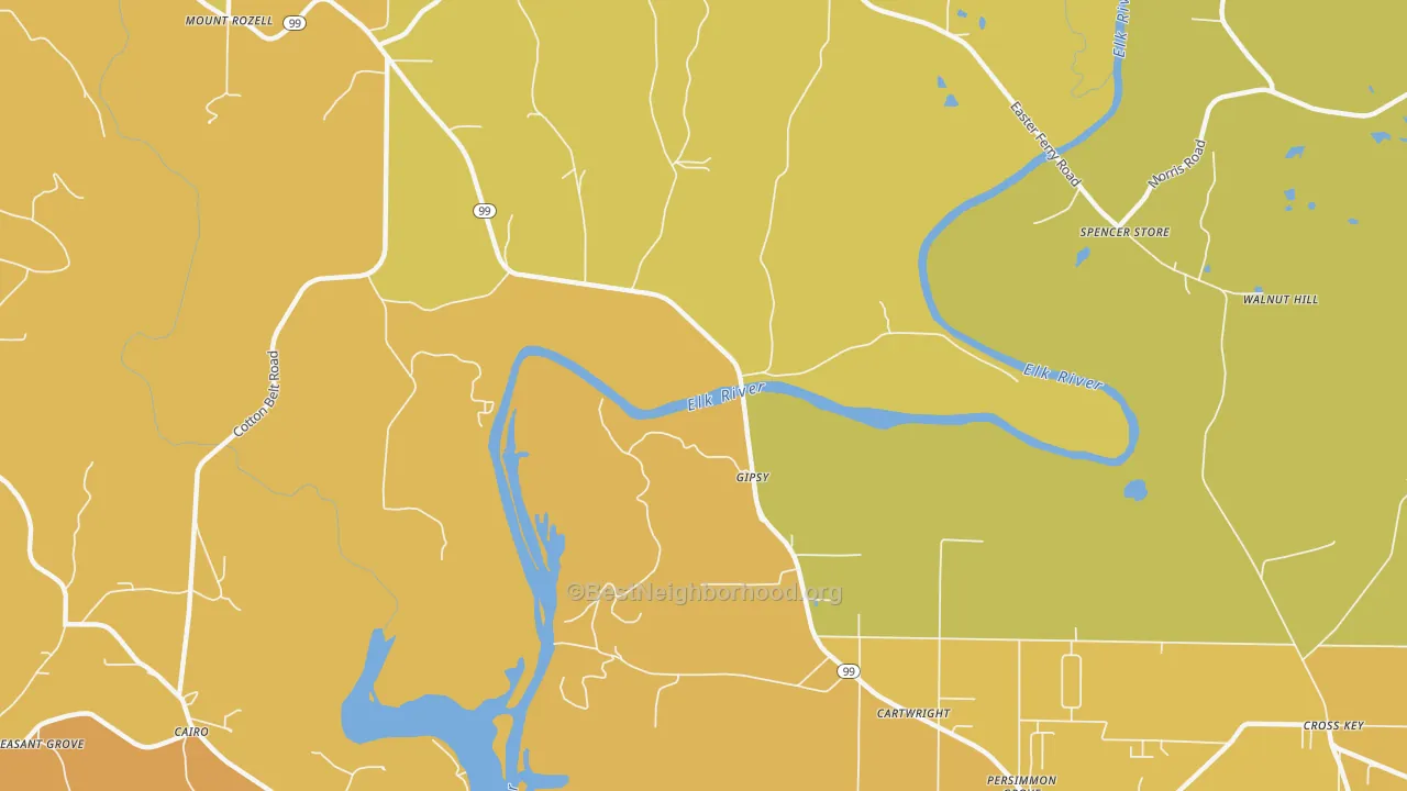 Map of the best neighborhoods in the Gipsy area, with better matches in green and worse matches in red