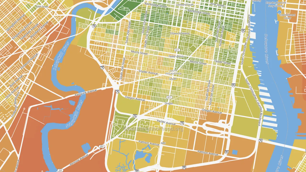 Map of the best neighborhoods in the Girard Estates, Philadelphia area, with better matches in green and worse matches in red