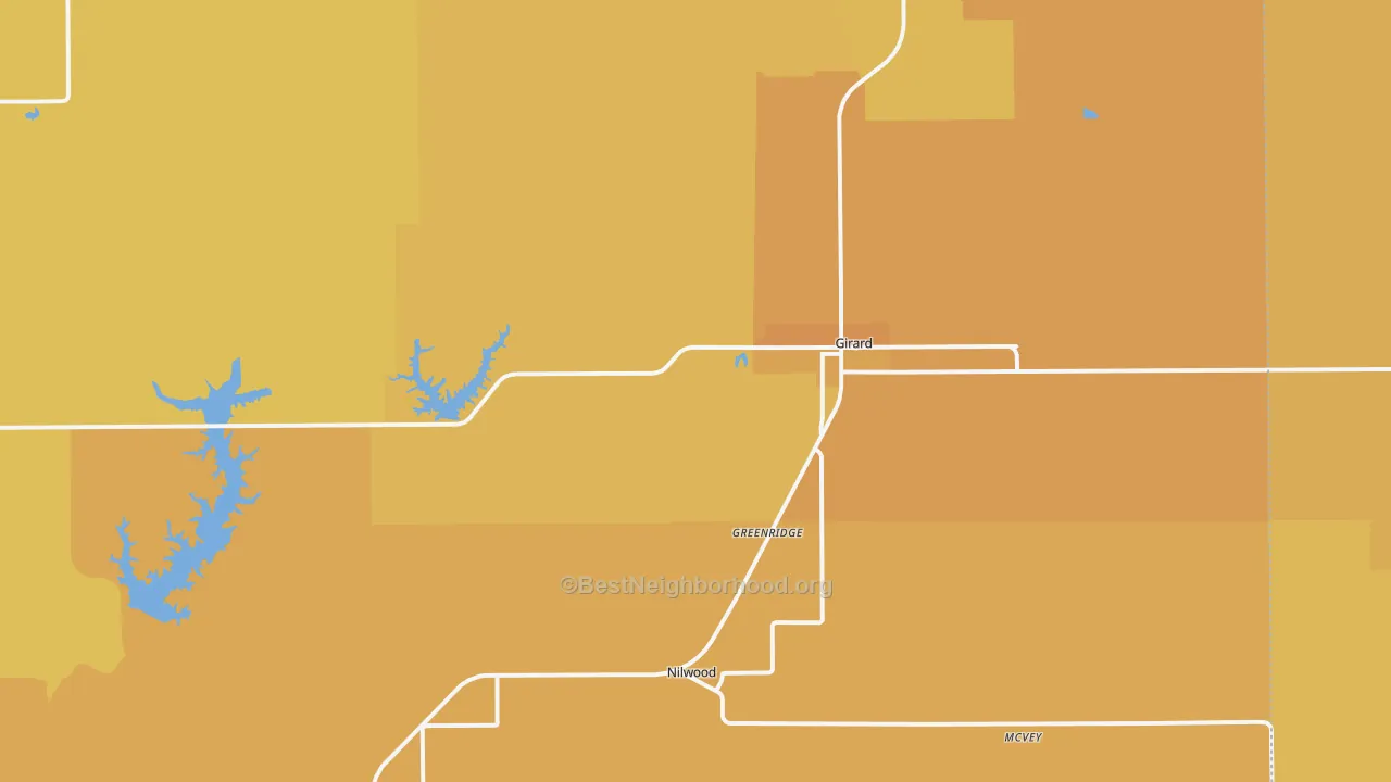 Map of the best neighborhoods in the Girard area, with better matches in green and worse matches in red