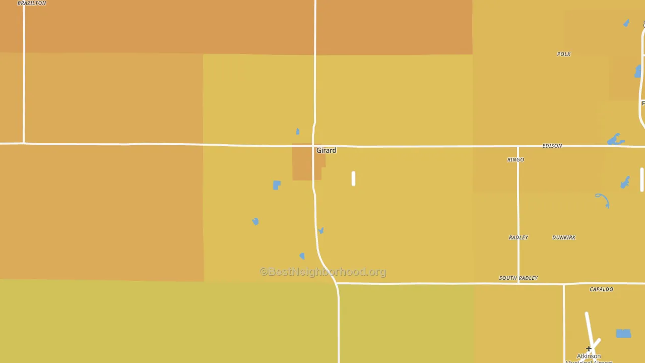 Map of the best neighborhoods in the Girard area, with better matches in green and worse matches in red