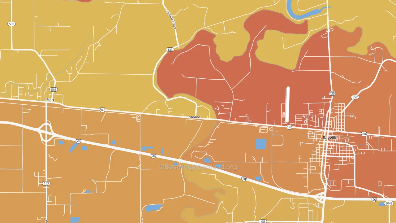 Map of the best neighborhoods in the Girard area, with better matches in green and worse matches in red