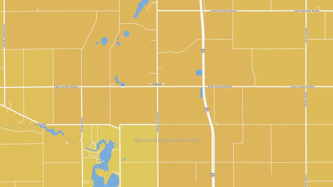 Map of the best neighborhoods in the Girard area, with better matches in green and worse matches in red