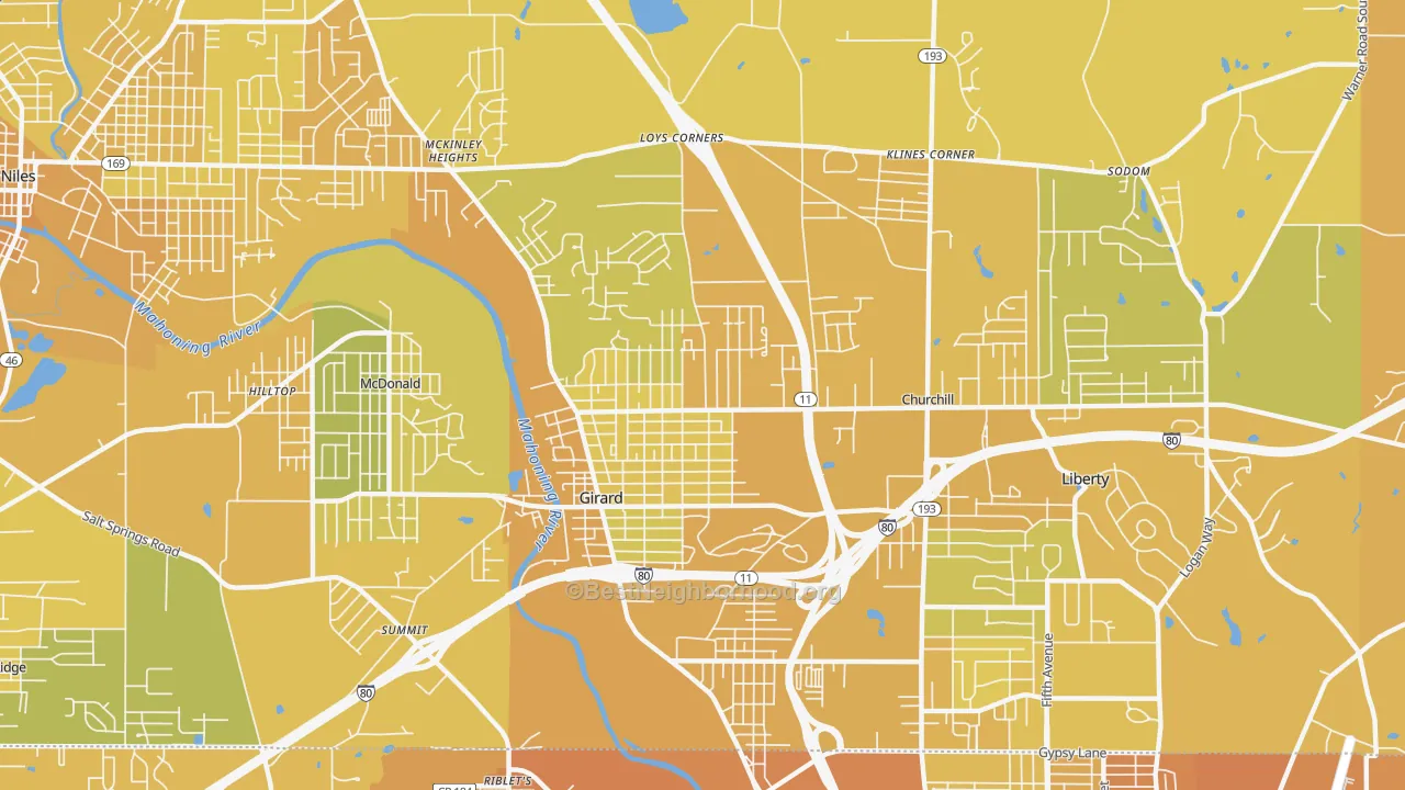 Map of the best neighborhoods in the Girard area, with better matches in green and worse matches in red