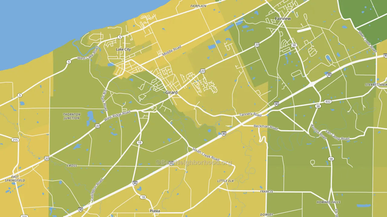 Map of the best neighborhoods in the Girard area, with better matches in green and worse matches in red