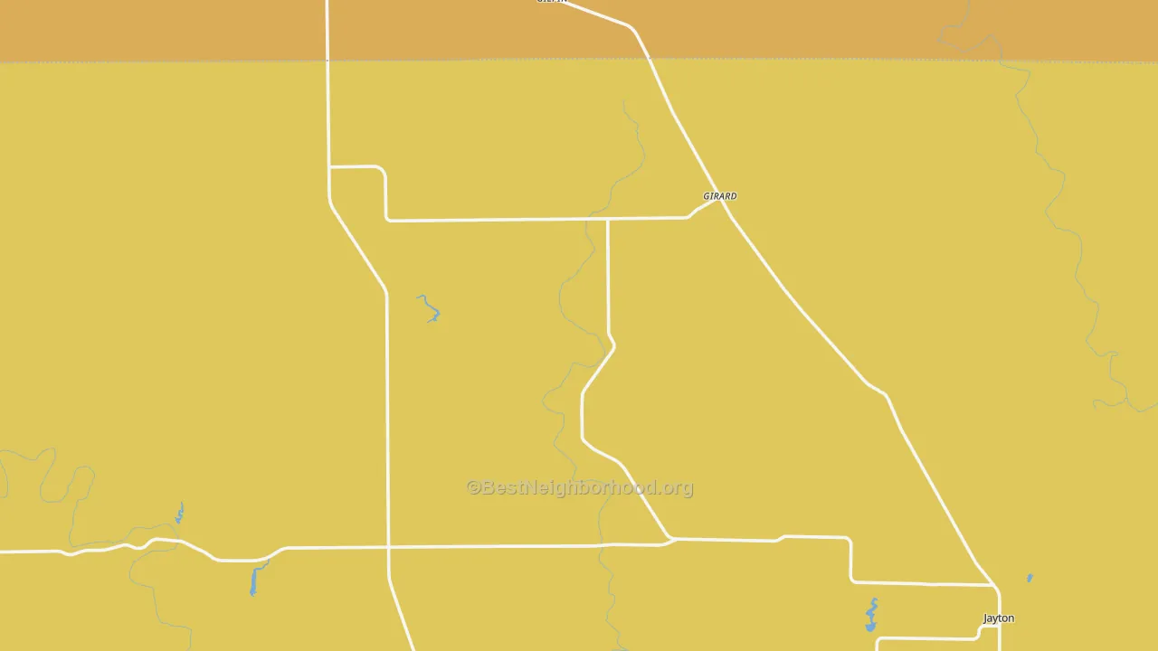 Map of the best neighborhoods in the Girard area, with better matches in green and worse matches in red
