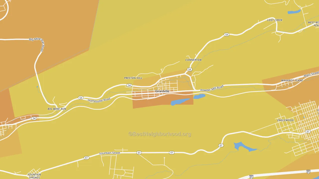 Map of the best neighborhoods in the Girardville area, with better matches in green and worse matches in red