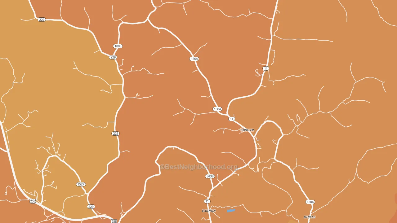 Map of the best neighborhoods in the Girdler area, with better matches in green and worse matches in red