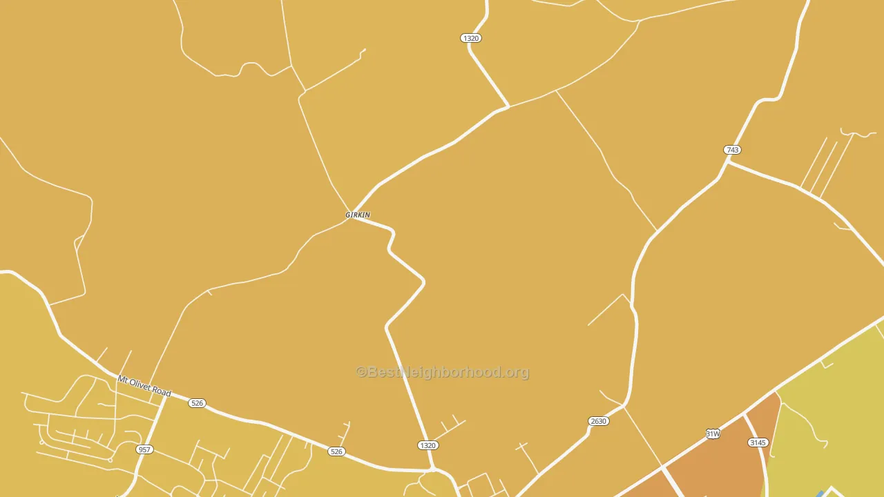 Map of the best neighborhoods in the Girkin area, with better matches in green and worse matches in red
