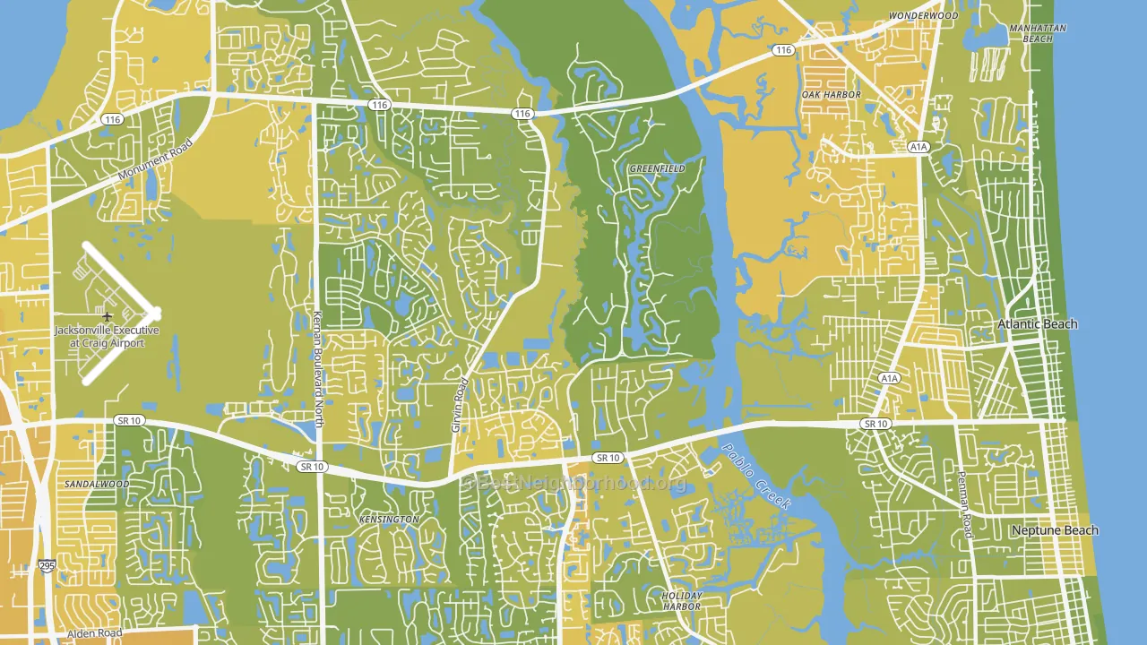Map of the best neighborhoods in the Girvin, Jacksonville area, with better matches in green and worse matches in red