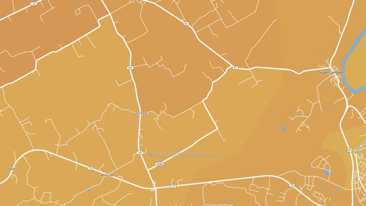 Map of the best neighborhoods in the Gishton area, with better matches in green and worse matches in red