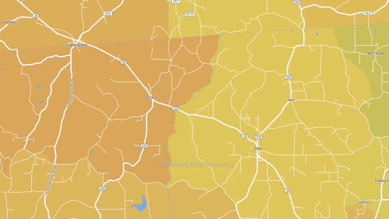 Map of the best neighborhoods in the Gitano area, with better matches in green and worse matches in red